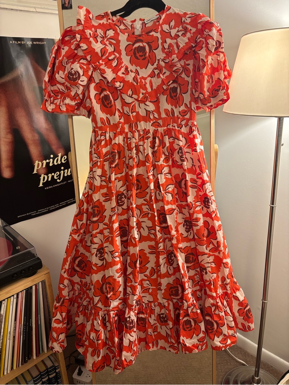Batsheva Red and Cream Floral Ruffle Midi Dress